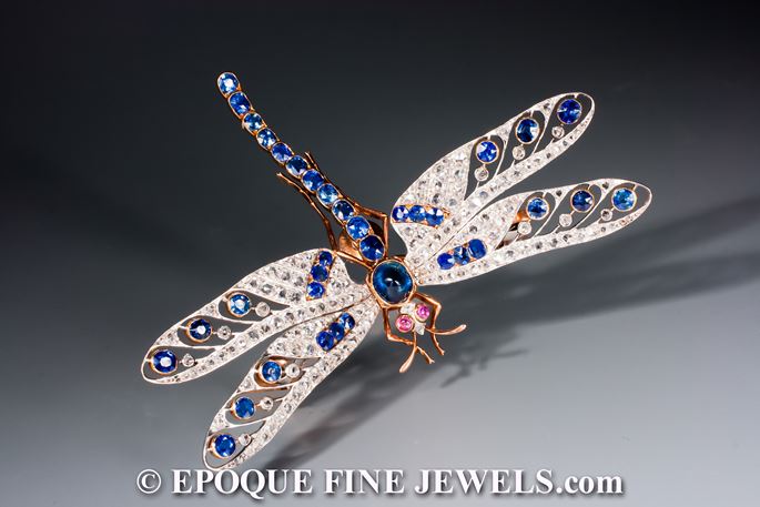 Joseph Nivelon - A magnificent antique sapphire, ruby and diamond dragonfly brooch &#39;en tremblant&#39; | MasterArt